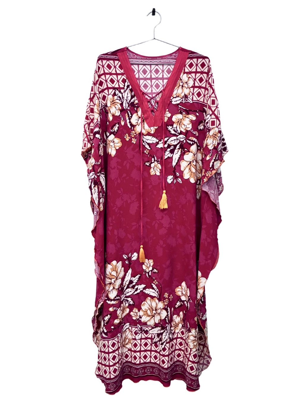 Red Floral Kaftan Dress Boho Muumuu Caftan Cover Up One Size Tassel Maxi